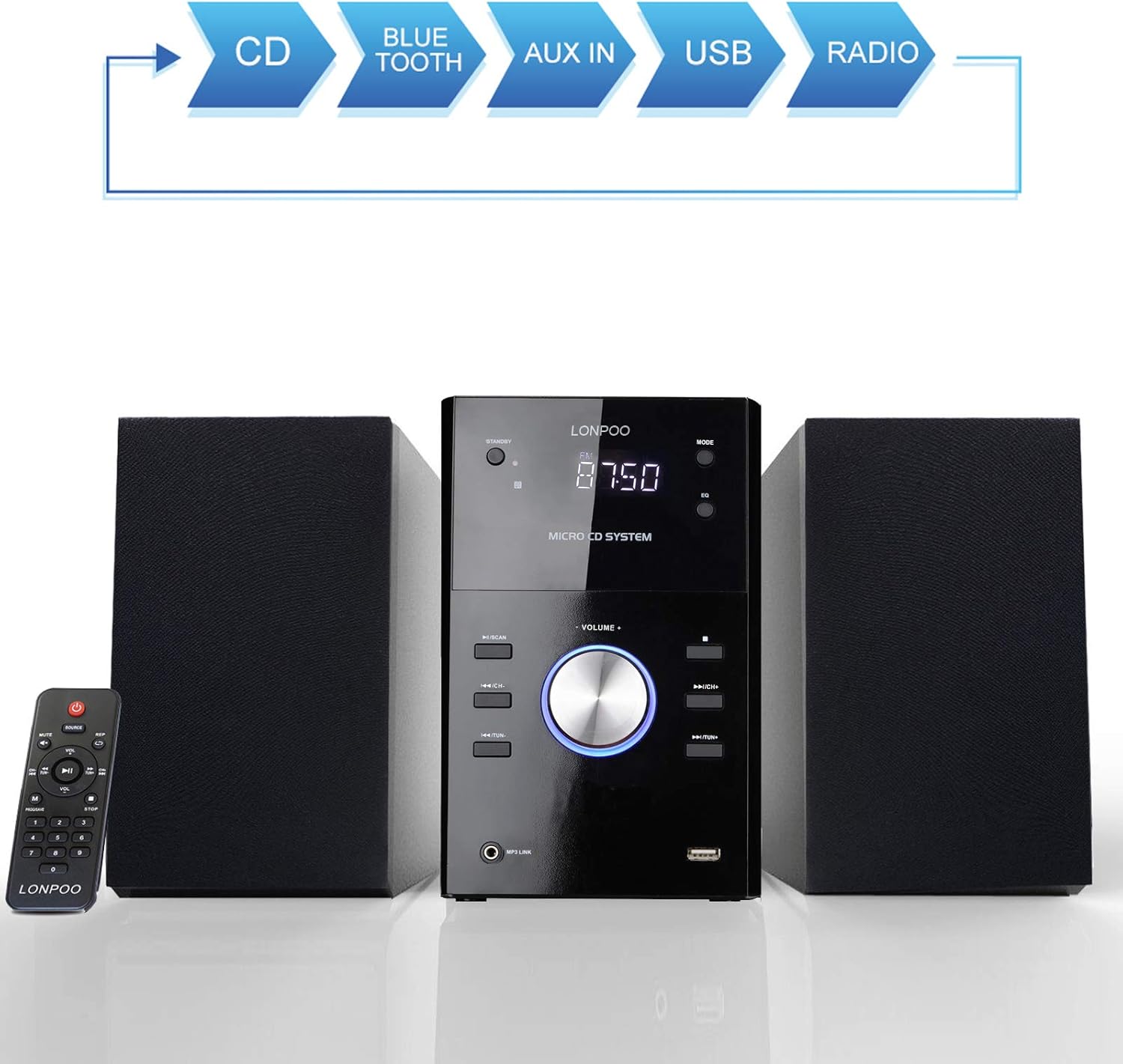 Micro Shelf System with CD Player, Bluetooth, FM Radio, USB Port, AUX-in, Remote Control, LED Display B9004