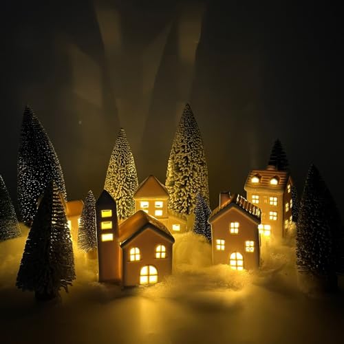 5 Pcs White Houses & 9 Pcs Trees & Fake Snow Ceramic Christmas Village Decorations H12273