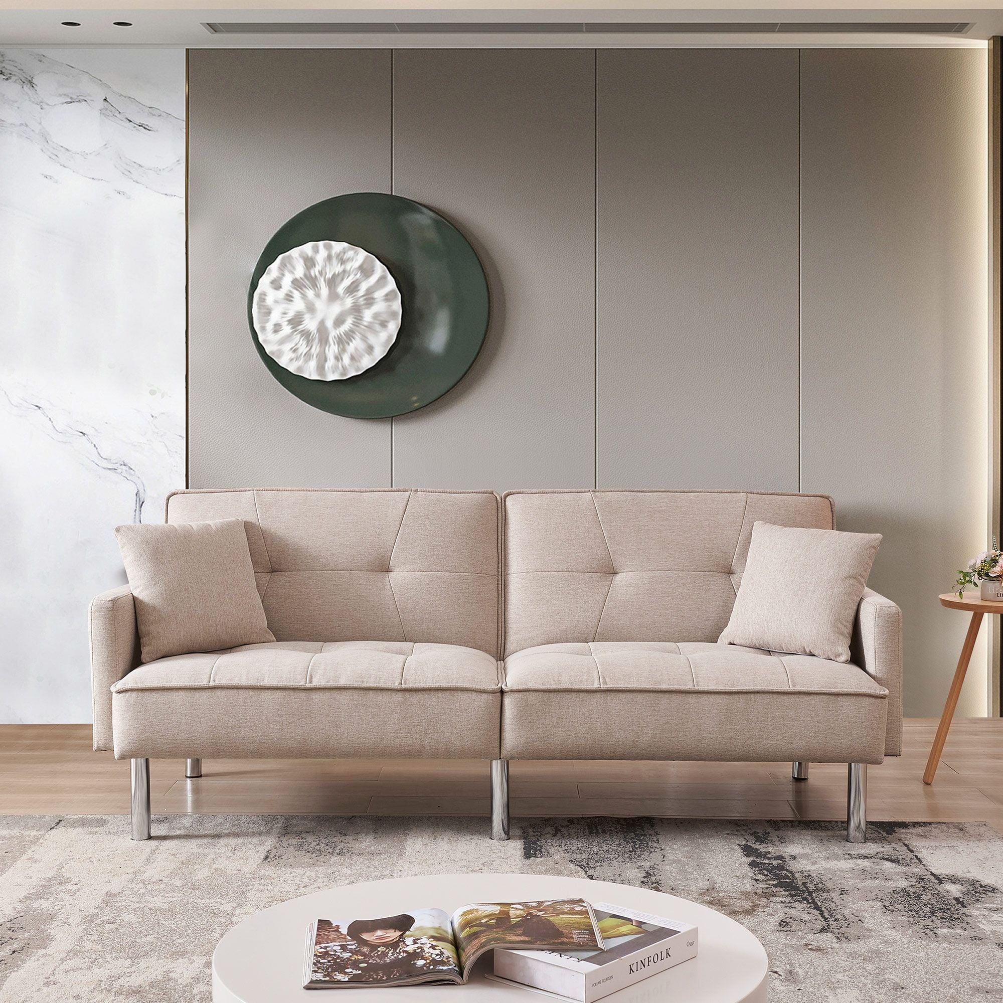 84.6 in. Extra Long Tufted Beige Fabric Futon Adjustable Sofa Bed I7373