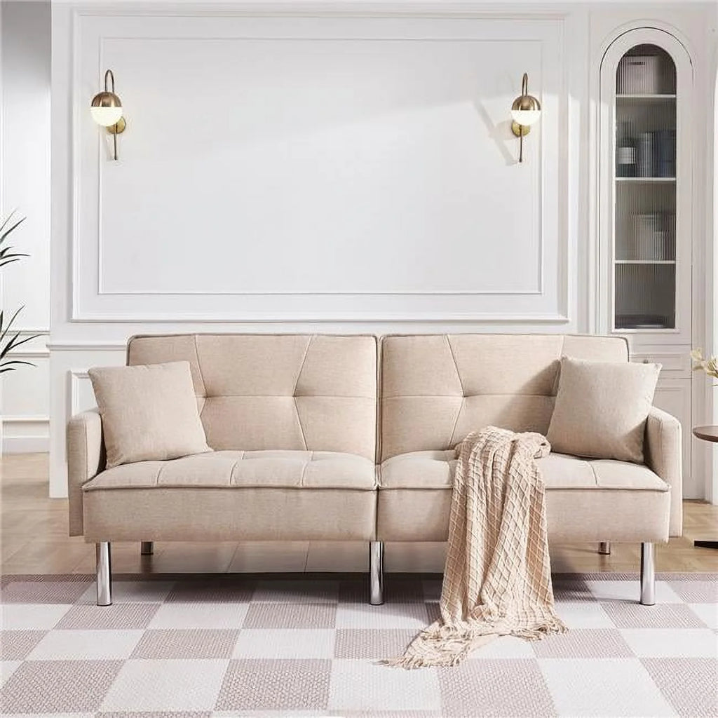 84.6 in. Extra Long Tufted Beige Fabric Futon Adjustable Sofa Bed I7373