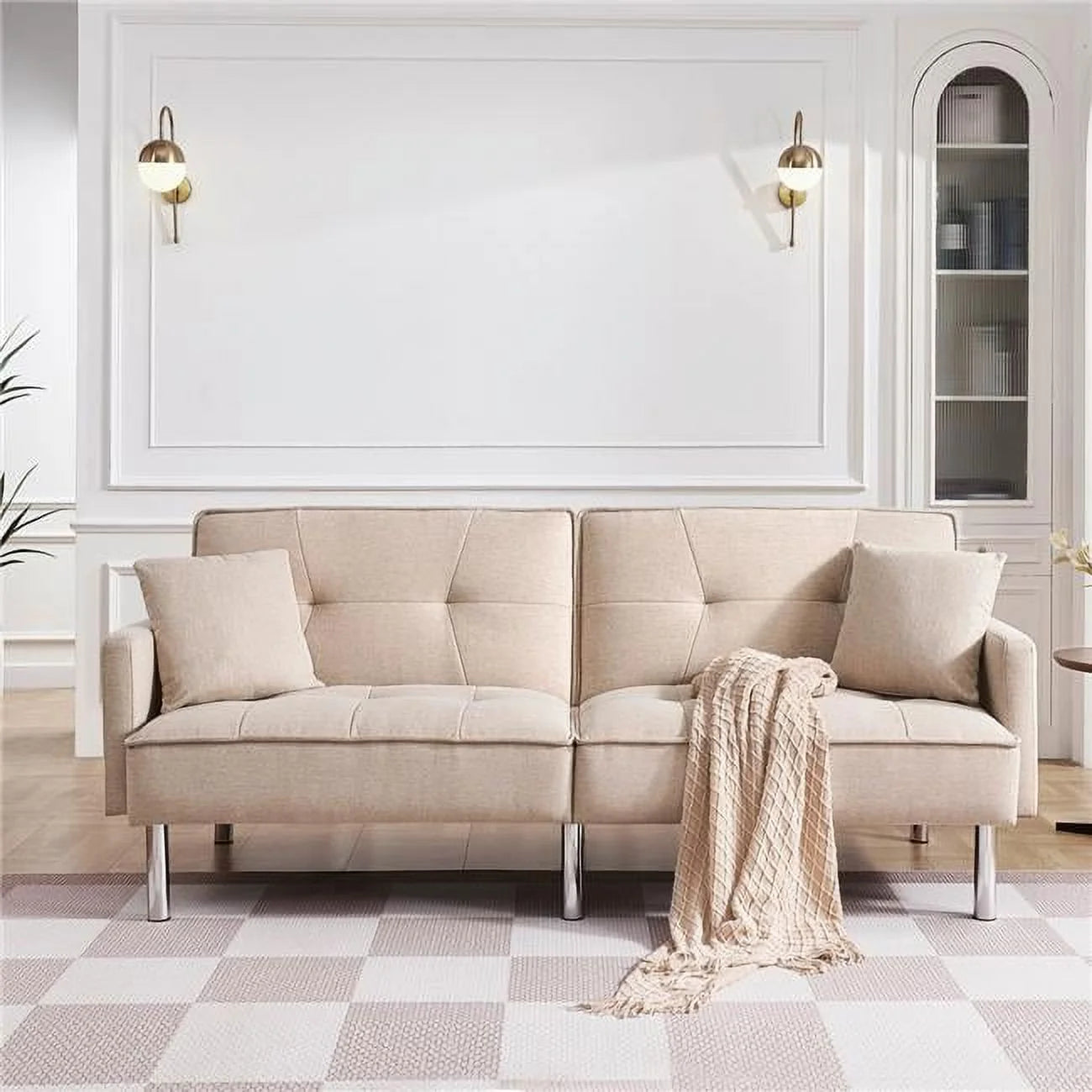84.6 in. Extra Long Tufted Beige Fabric Futon Adjustable Sofa Bed I7373