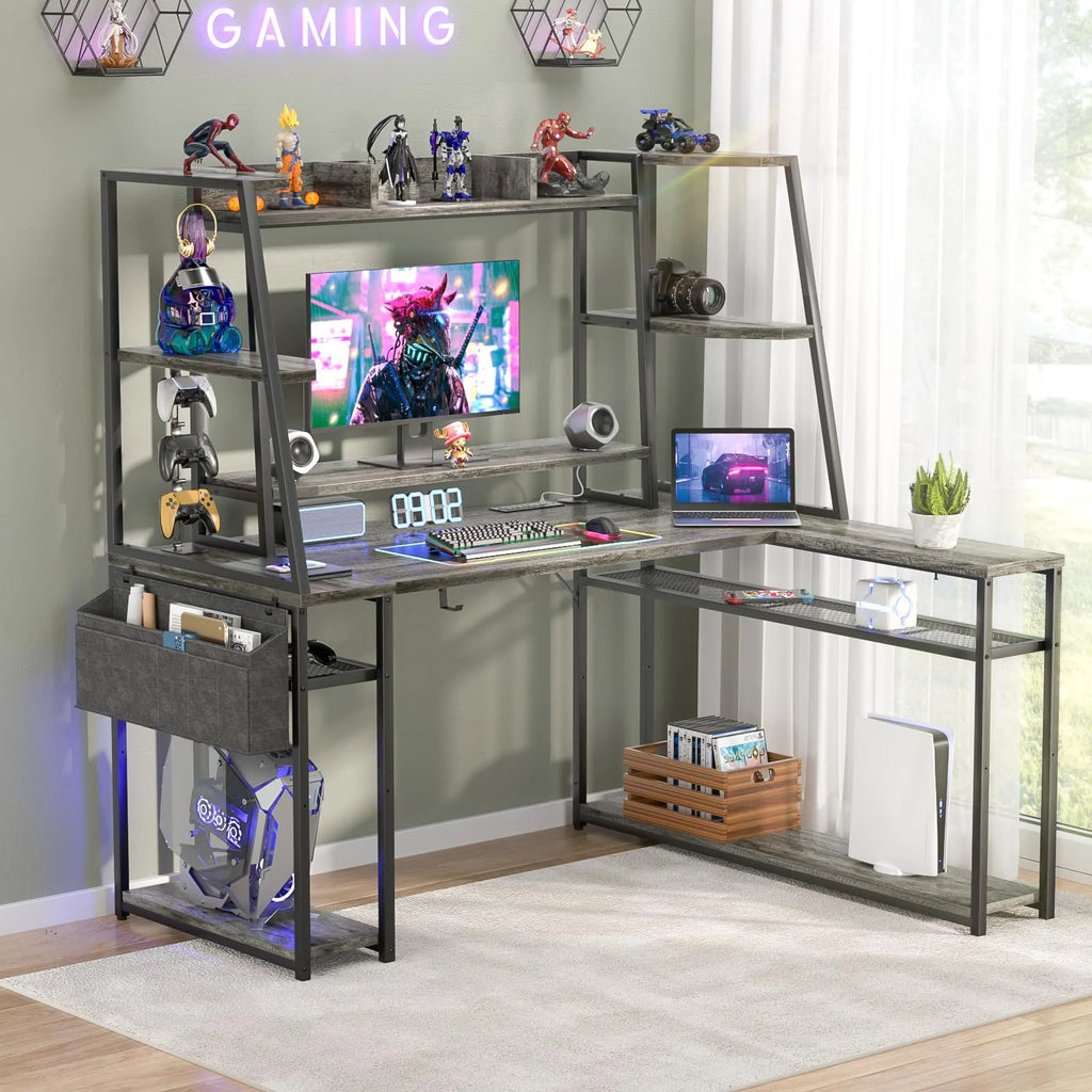 Black Oak 47'' L Shaped Corner Computer Desk with LED Lights and Power Outlets M509