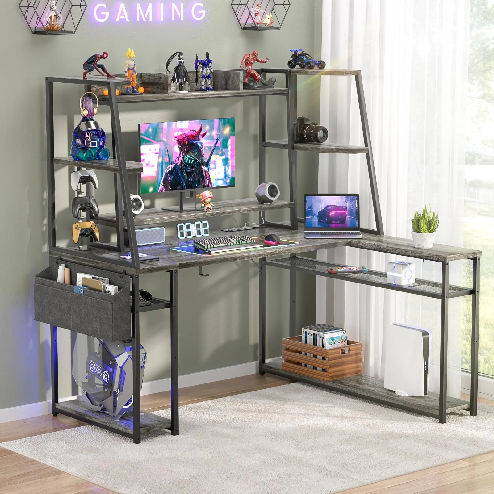 Black Oak 47'' L Shaped Corner Computer Desk with LED Lights and Power Outlets M509