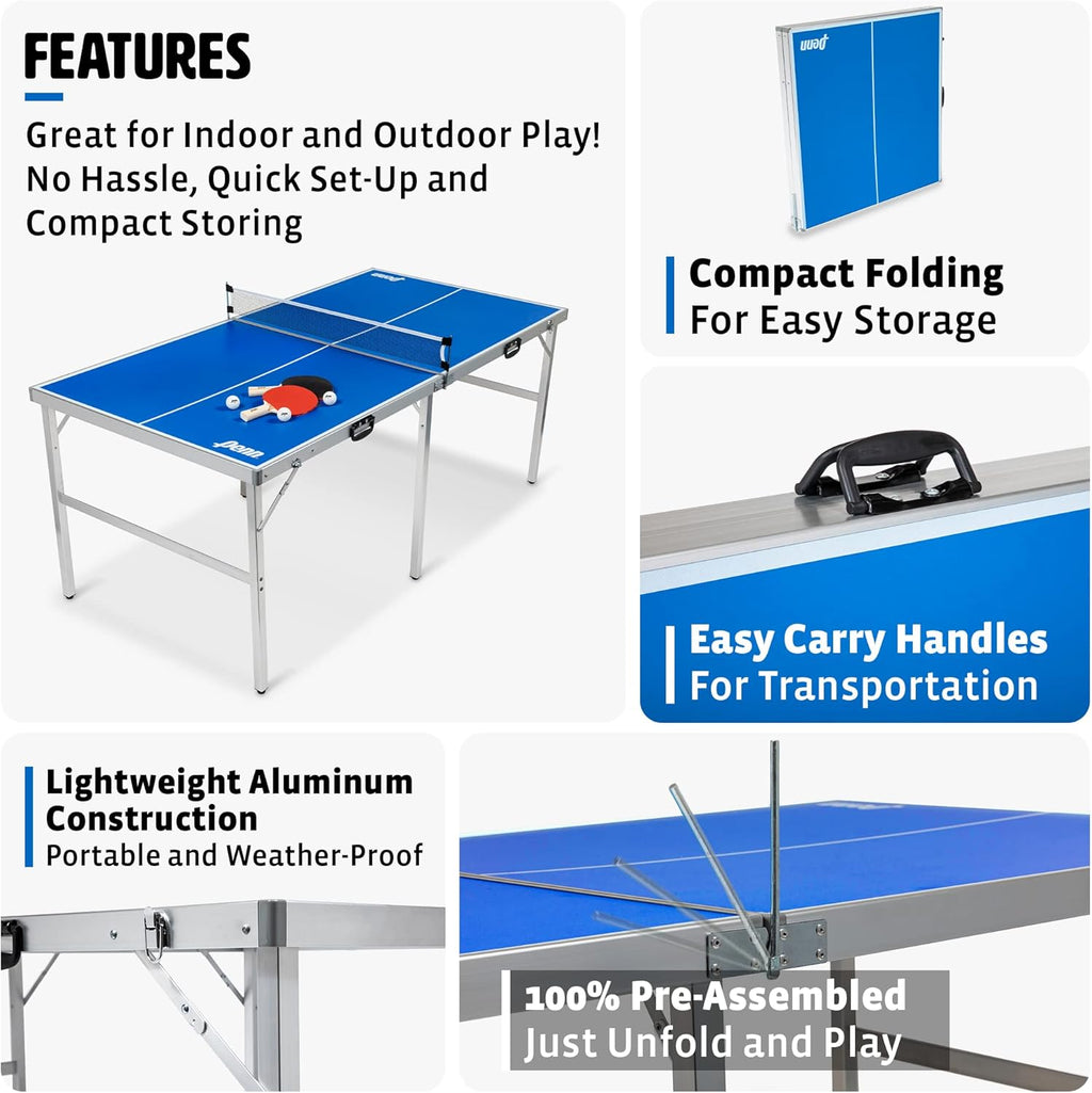 Fully Assembled 6 Foot x 3 Foot Portable Table Tennis Table with Net, 2 Ping Pong Paddles and 4 Balls M8487