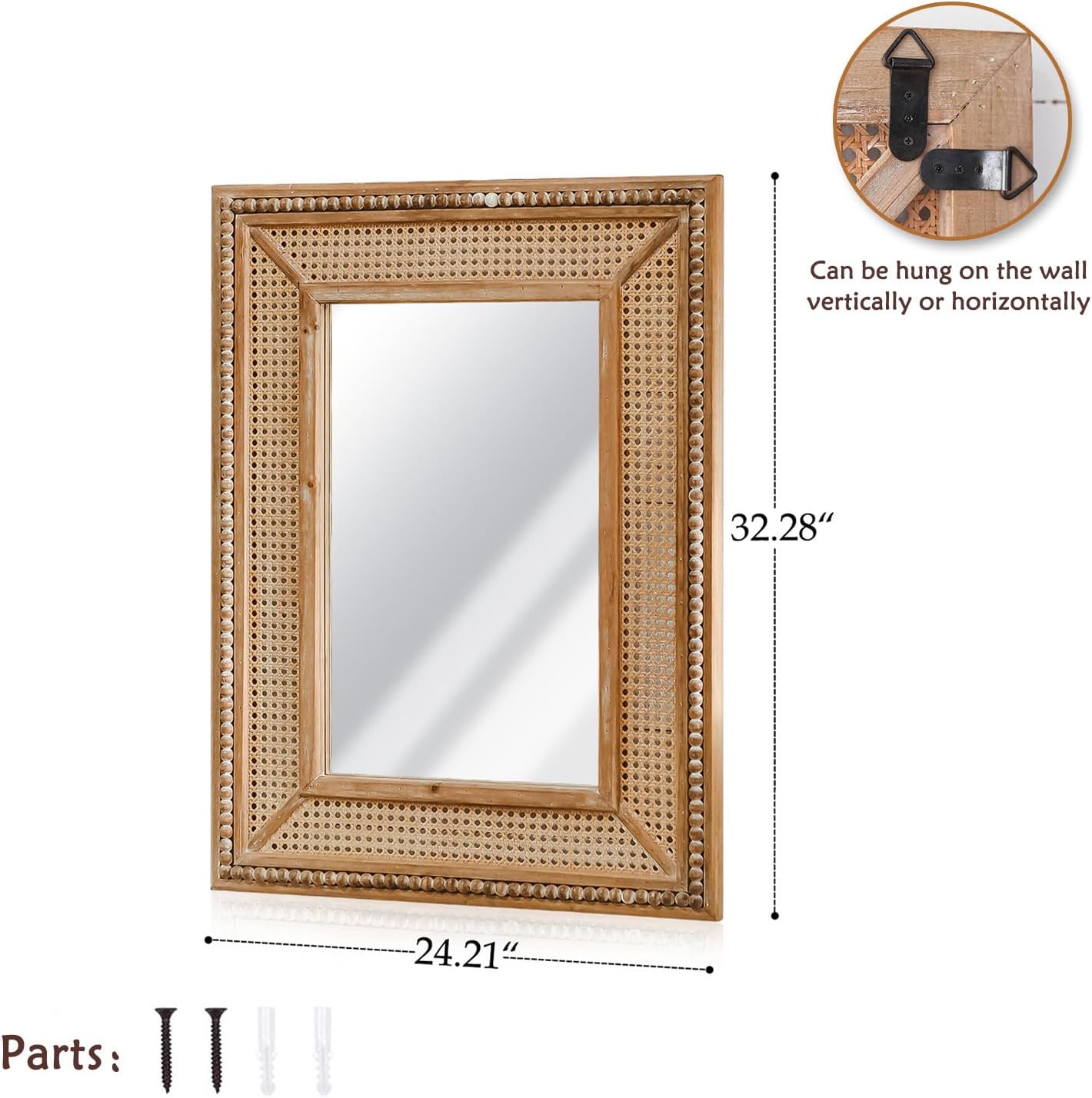 Boho Rattan Wall Mirror Wooden Framed Rectangle Mirror 24.21" x 1.18" x 32.28" N6858