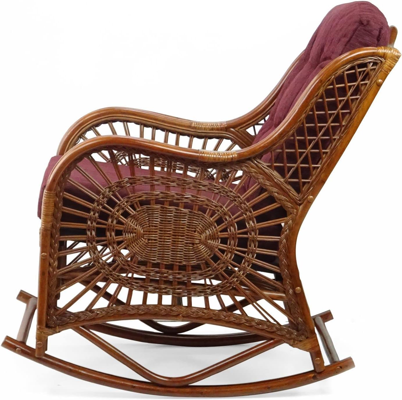 Natural Rattan Set of 2 Rocking Lounge Chairs with Dark Brown Cushions and Round Coffee Table with Glass V87549