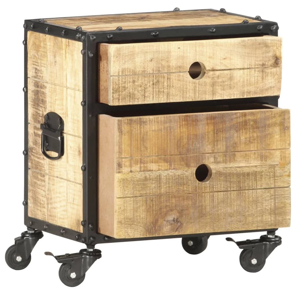 Bedside Cabinet with 2 Storage Drawer and Wheels Rough Mango Wood 15.7 x 11.8 x 19.7 Inches Z5992