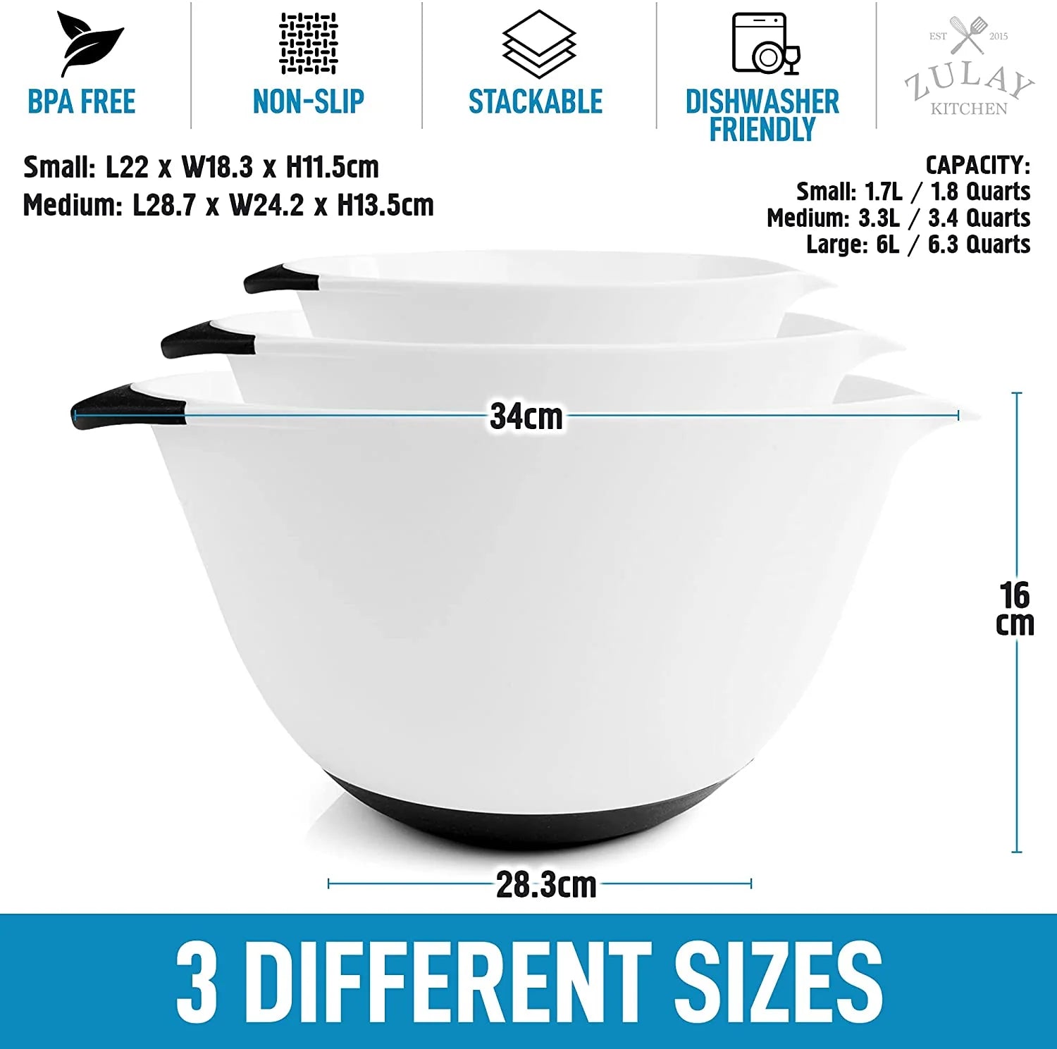 3-Piece Plastic Mixing Bowl Set with Handles & Non Slip Bottom U9932