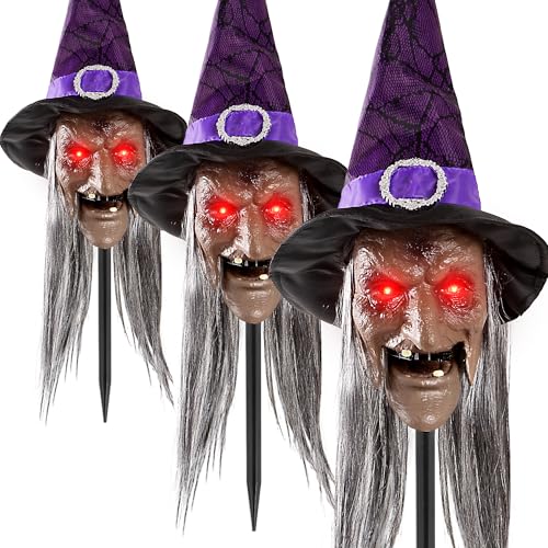 3-Pack Halloween Animatronic Witch Stakes with Sound, Light-Up Eyes, Moving Mouth T944