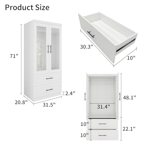 White 3 Door Armoire Wardrobe Closet with Mirror and 2 Drawers D291332