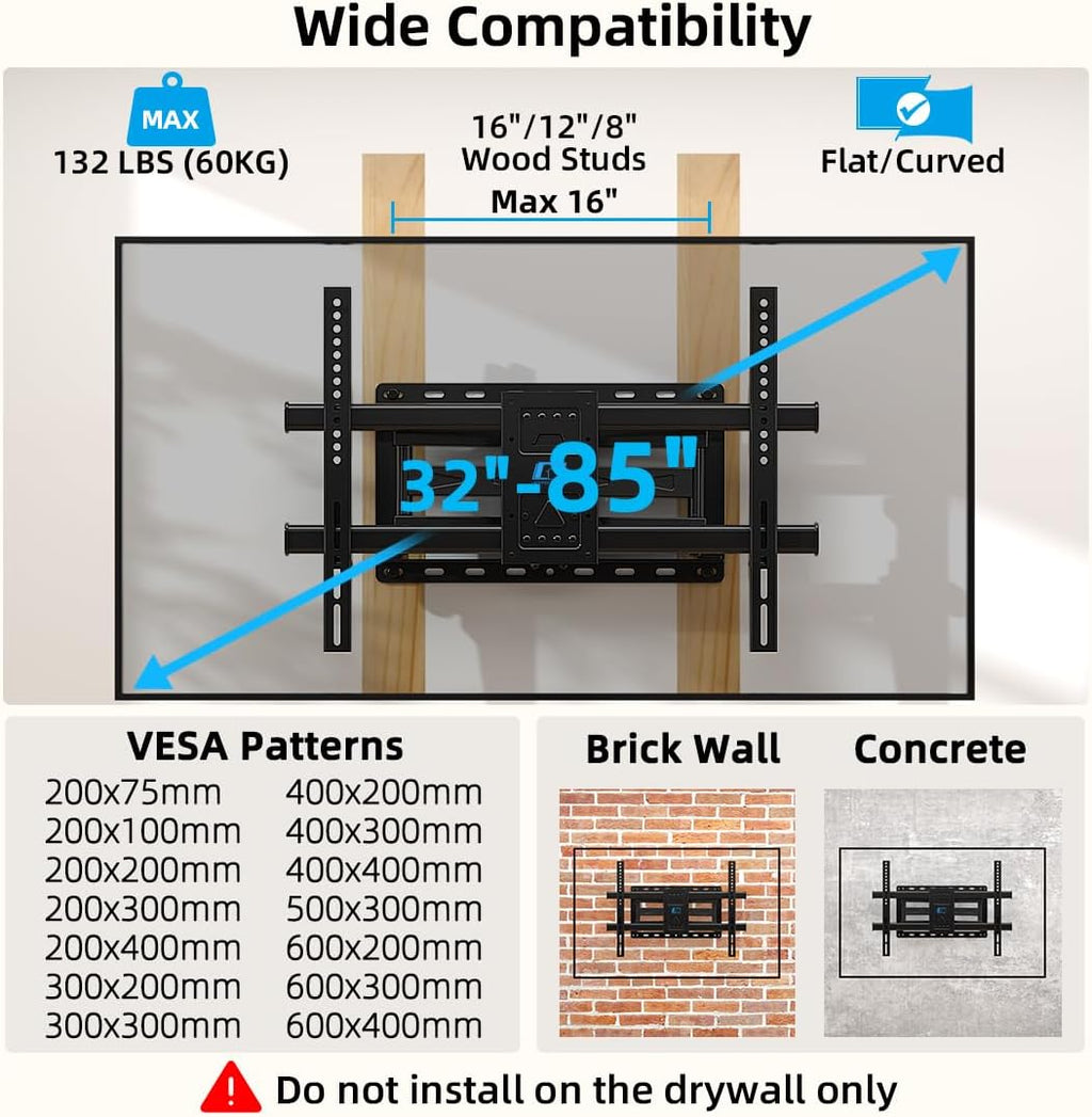Full Motion TV Wall Mount for 32-85 inch TVs up to 132lbs, Max VESA 600x400mm U8454