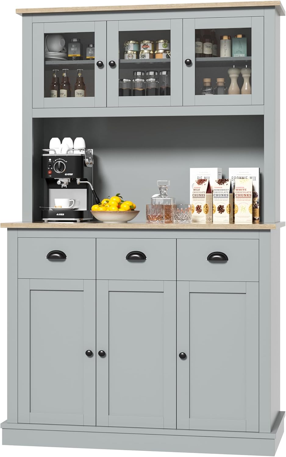 Grey Kitchen Hutch Storage Cabinet with Countertop and Drawers Q61269