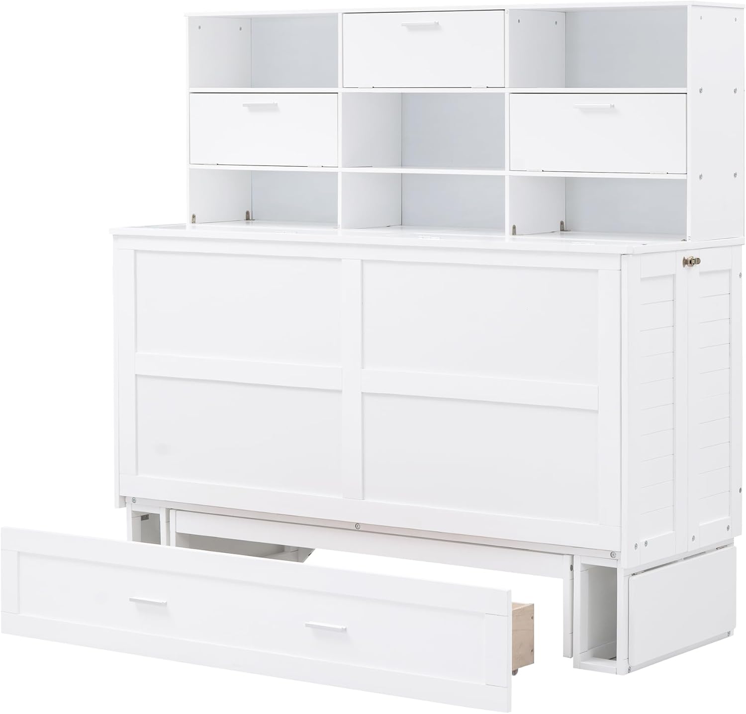 White Queen Murphy Bed Cabinet with Bookcase and Drawer G830