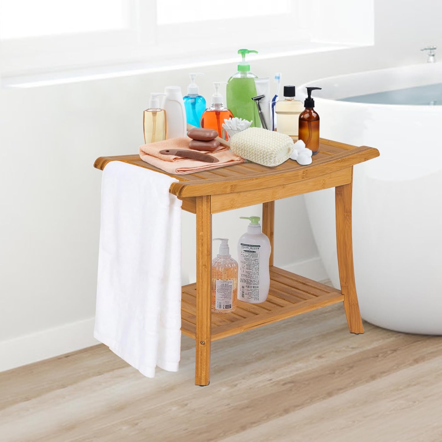 Bamboo Shower Stool with Storage Shelf J788561