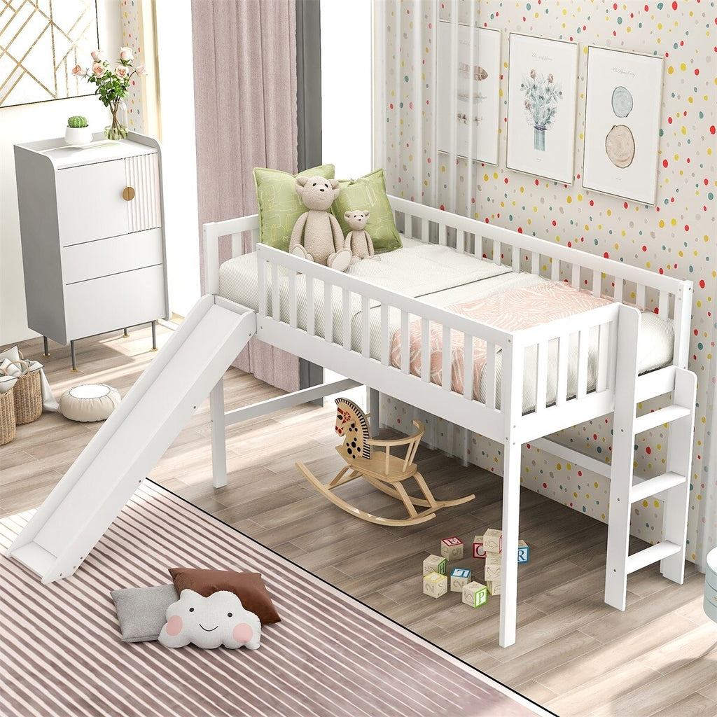 White Wooden Low Loft Bed with Slide and Ladder B199