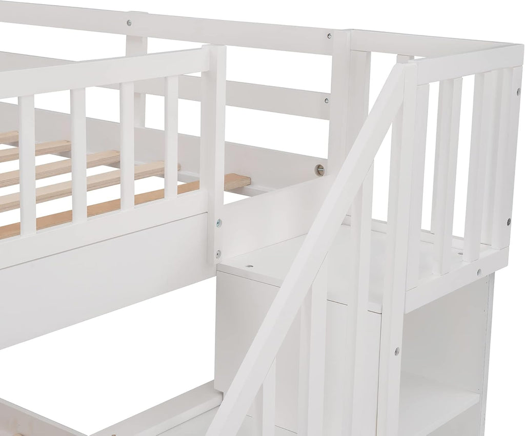 White Full Over Full Wooden Bunk Bed with Stairs and Storage Drawers L13742