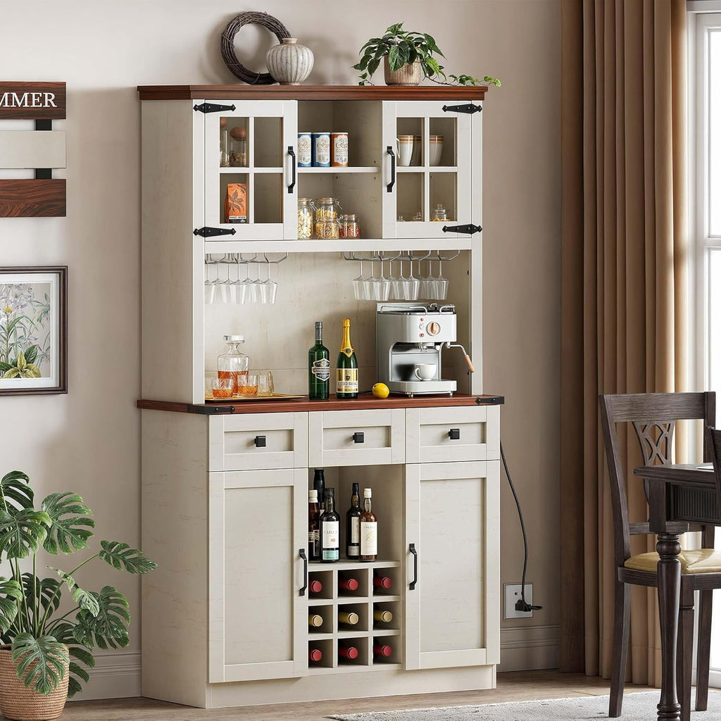 Antique White Coffee Bar Cabinet with Storage Shelves and 3 Drawers P179661