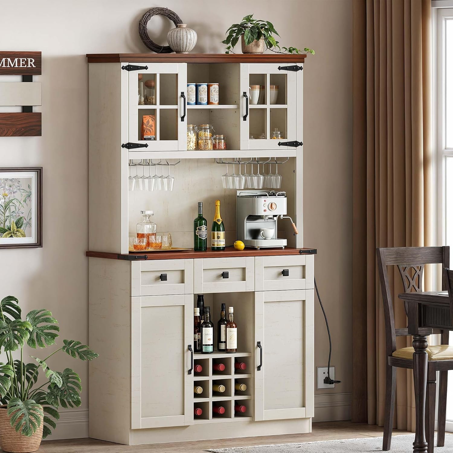 Antique White Coffee Bar Cabinet with Storage Shelves and 3 Drawers P179661