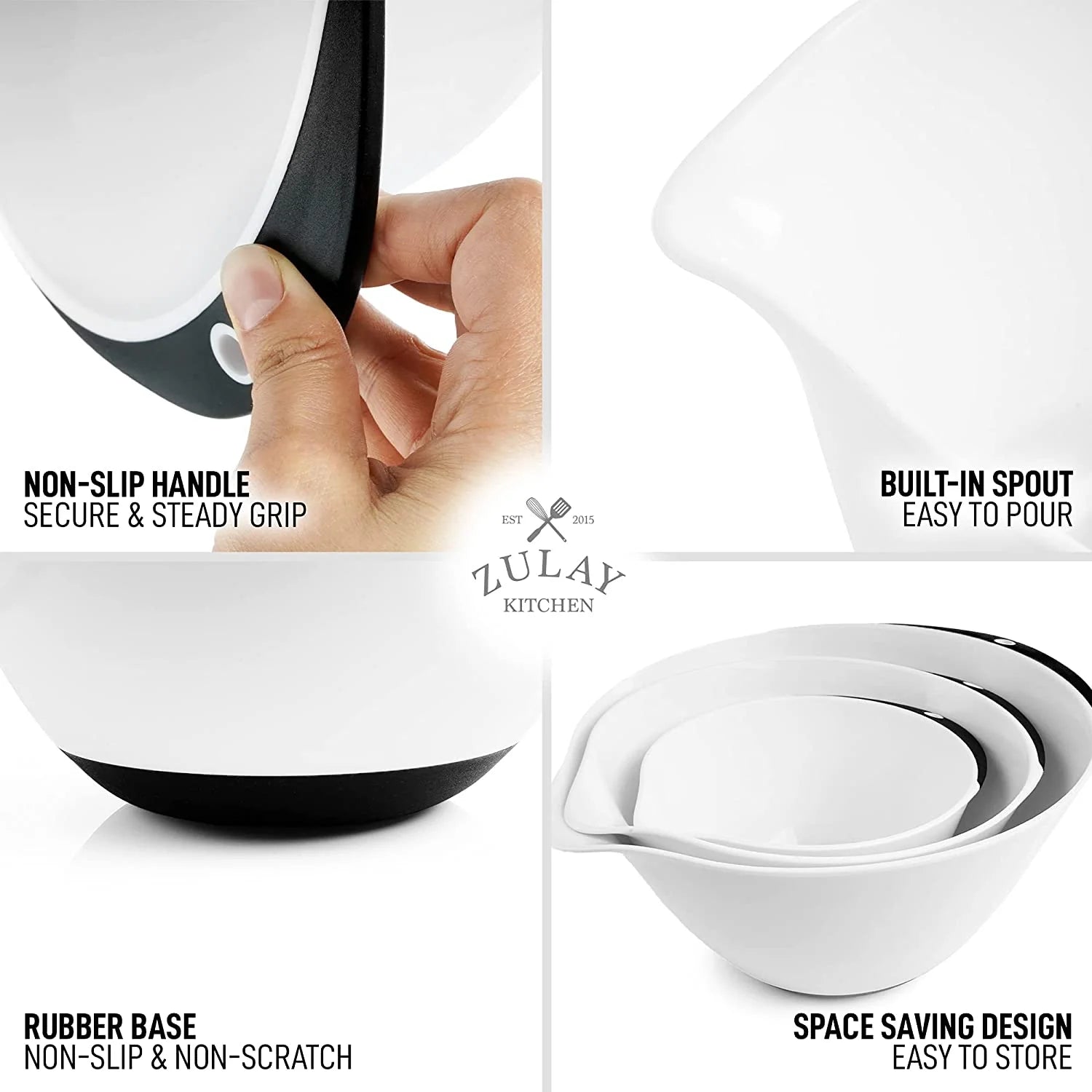 3-Piece Plastic Mixing Bowl Set with Handles & Non Slip Bottom U9932