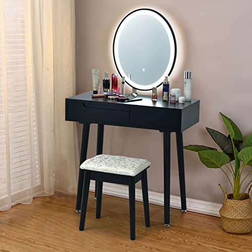 White Vanity Set with Touch Mirror, Cushioned Stool, 2 Sliding Drawers Y705474