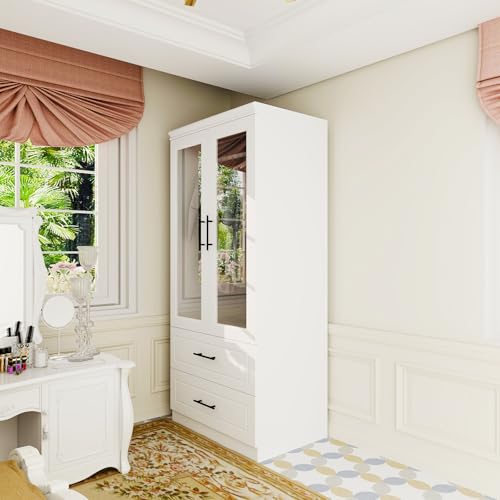 White 3 Door Armoire Wardrobe Closet with Mirror and 2 Drawers D291332