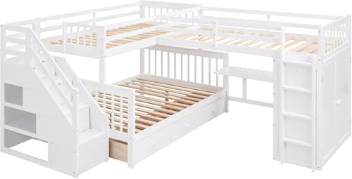 Twin-Twin Over Full Triple Bunk Bed with Storage Stairs, Wardrobe and Desk, Solid Wood L-Shaped 3 Bunk Bed with Ladder, Shelves, Headboard, Guardrail (Grey) H7213