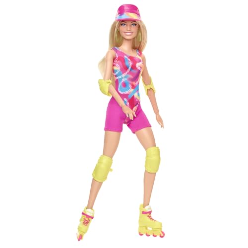 Skating Doll with Neon Outfit, Retro Gymnastics Suit, Pink Biker Shorts, Sun Shield, Neon Green Hoop Earrings, Skating Equipment, Impala Inline Skates E223