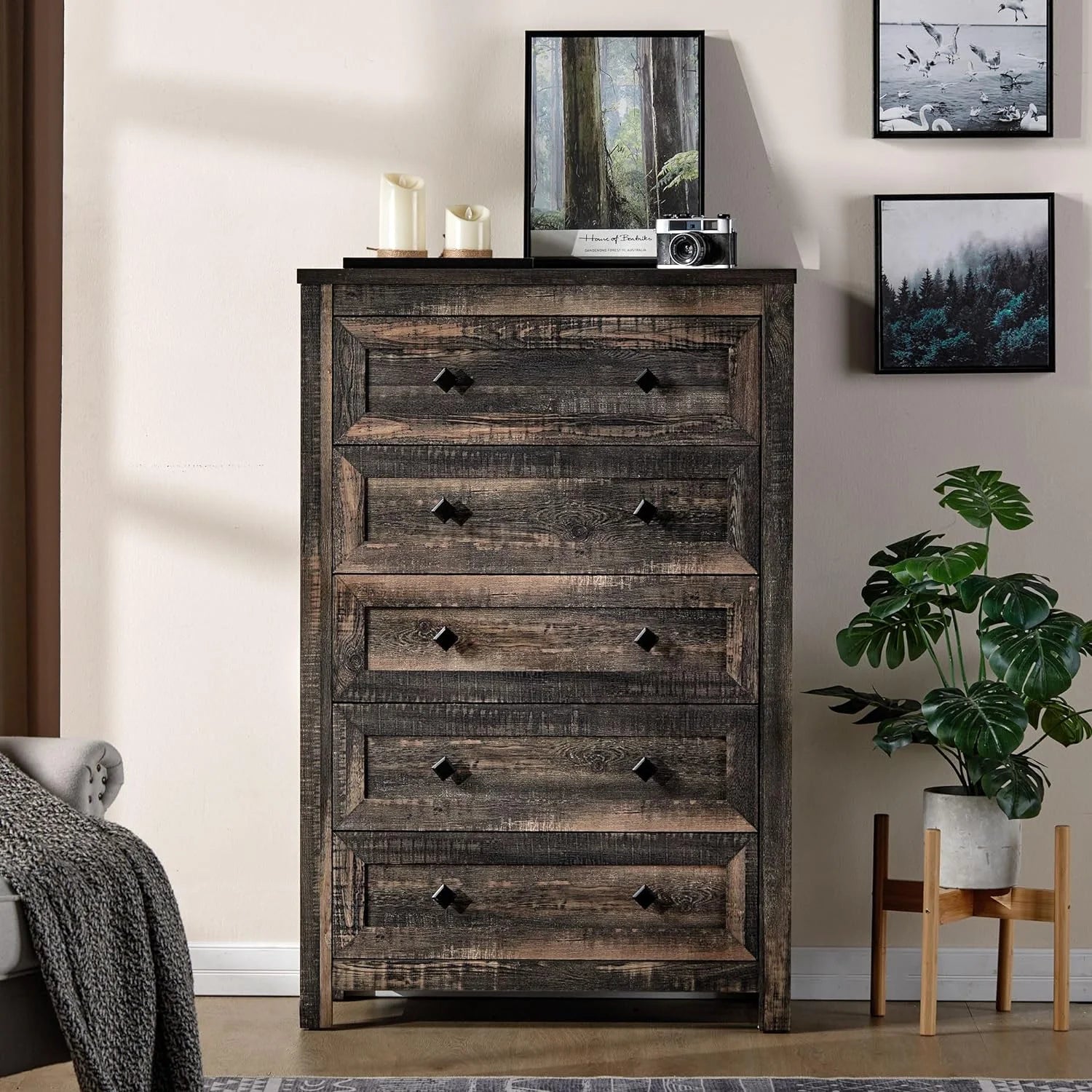 Dark Oak 5 Drawer Wood Dresser Y353