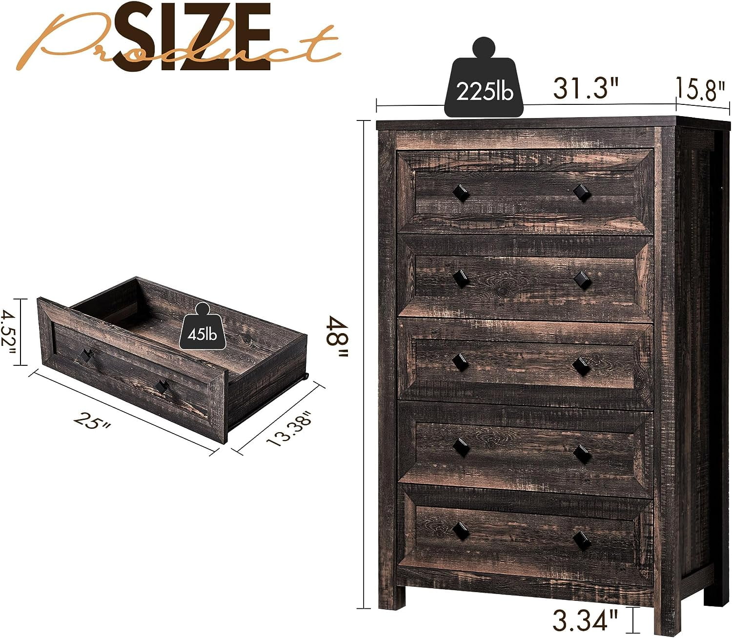 Dark Oak 5 Drawer Wood Dresser Y353