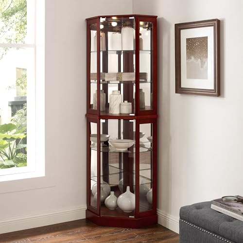 72" Tall Corner Display Cabinet Lighted Curio Cabinet, 6-Tier Wood Curio Showcase with Glass Doors and Adjustable Shelves (Cherry) E191725