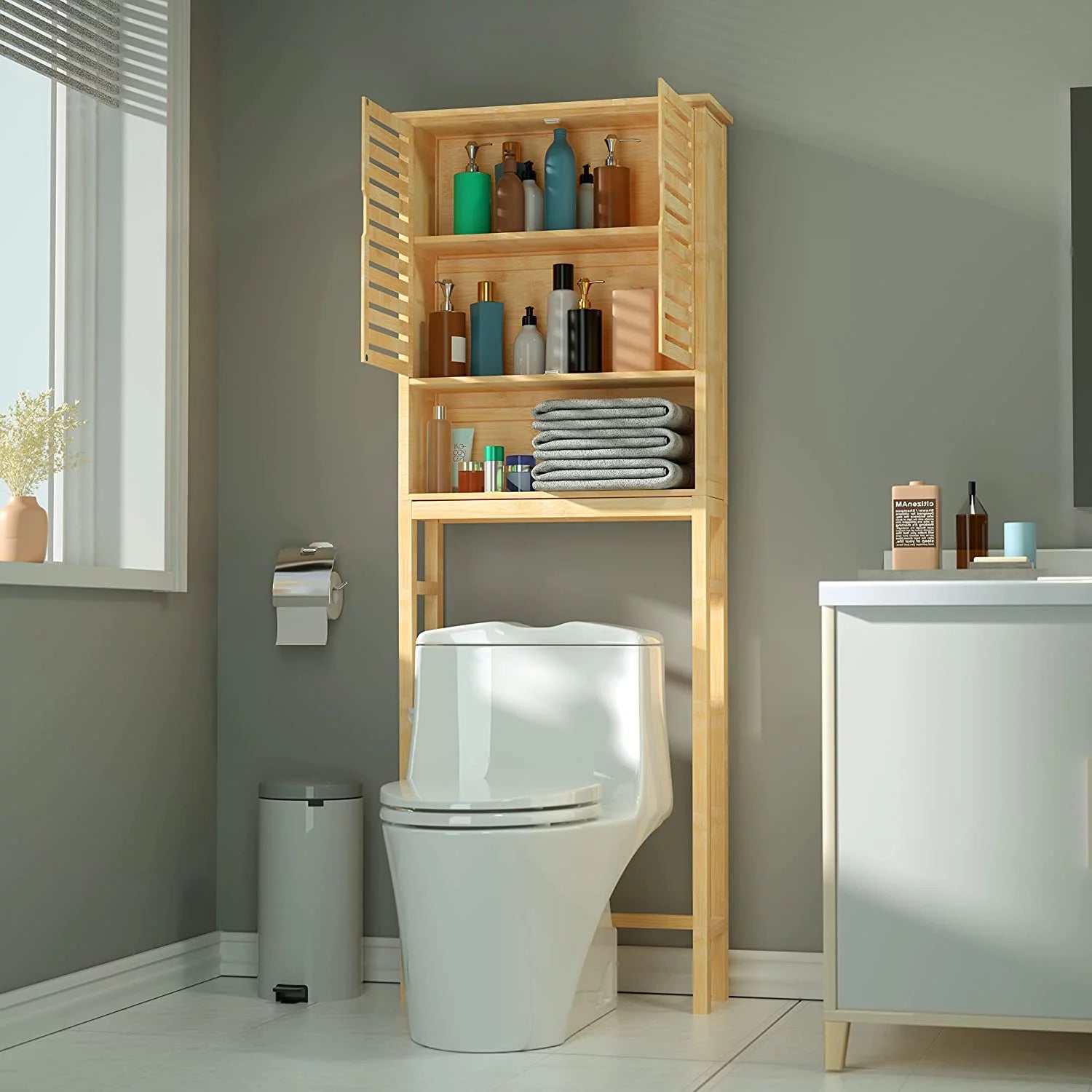 Bamboo Over-The-Toilet Storage Cabinet, Natural, 67''H x 24''W x 9''D D472