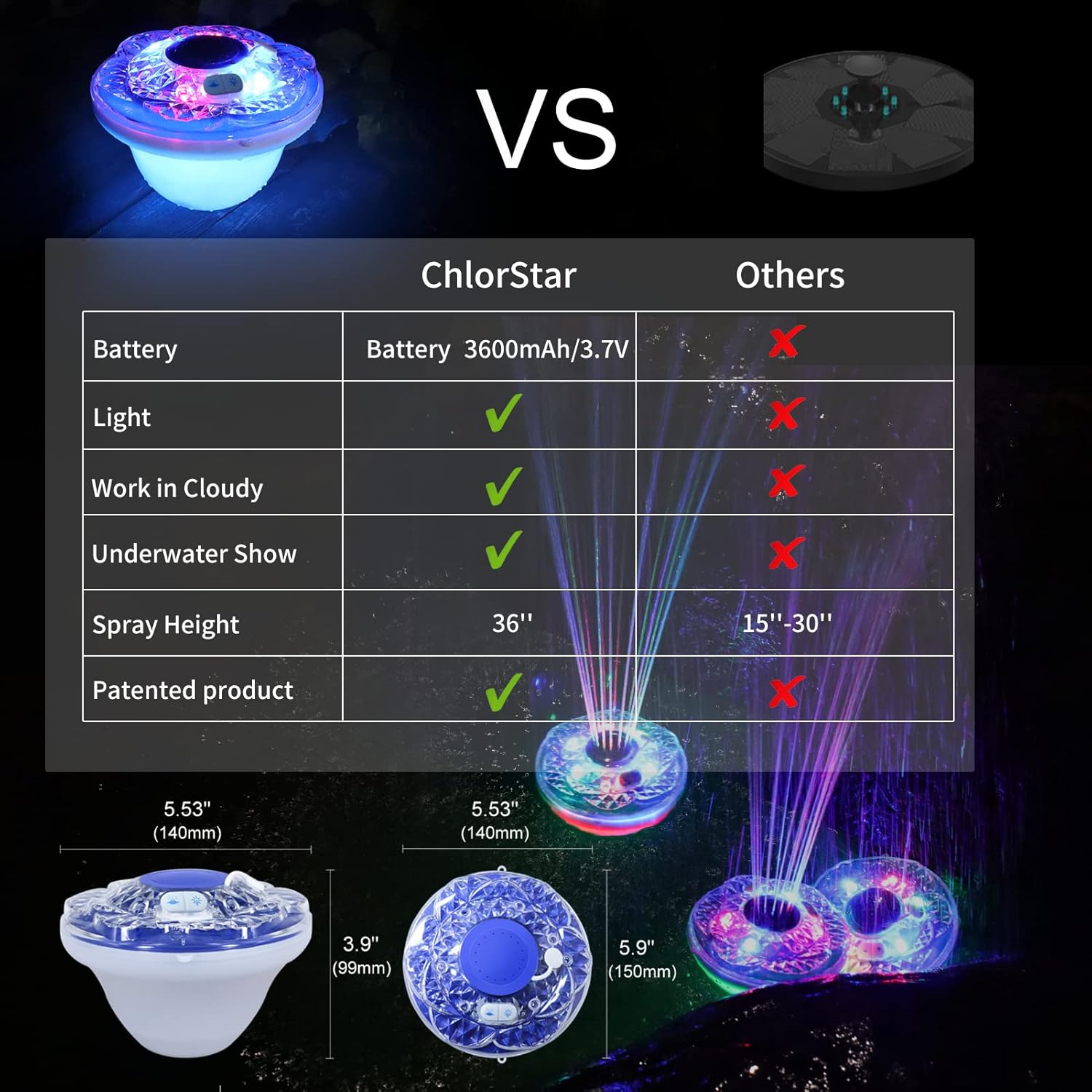 Floating Pool Fountain with Light Show, Rechargeable Battery, IP68 Waterproof, 2 Modes, 1pc F793562