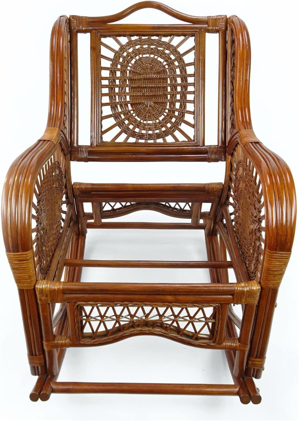 Natural Rattan Set of 2 Rocking Lounge Chairs with Dark Brown Cushions and Round Coffee Table with Glass V87549