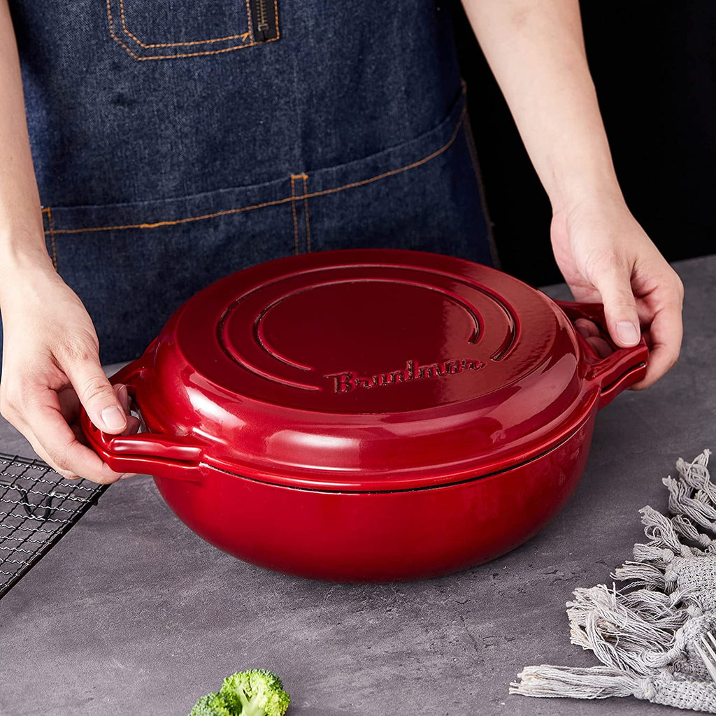 2-In-1 Enameled Cast Iron Cocotte Double Braiser Pan With Grill Lid E854816