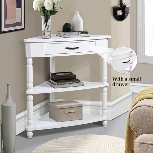 White 3-Tier Corner Shelf with Drawer and Solid Wood Legs G5323