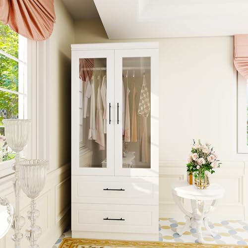 White 3 Door Armoire Wardrobe Closet with Mirror and 2 Drawers D291332
