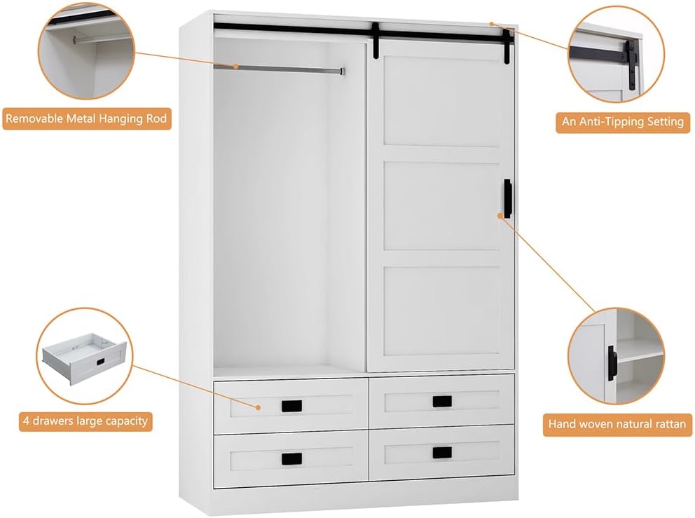 Solid Wood Armoire Wardrobe Closet with Sliding Barn Door, 4 Drawers, 3 Adjustable Shelves & Hanging Rod O972