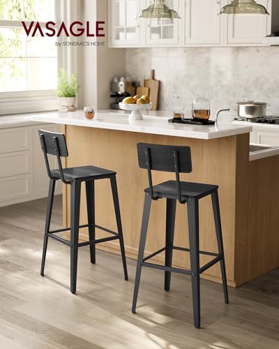 Set of 2 Bar Stools with Back, Steel Frame, Ash Black and Ink Black J879010