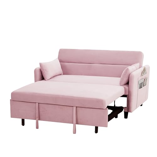 Pink Velvet Sleeper Sofa Couch Bed with Two Pillows Q18078