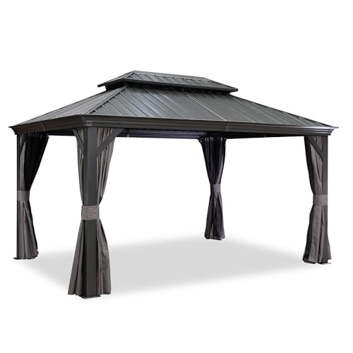Grey Aluminum Hardtop Gazebo with Double Roof, Curtains and Netting Included L24881