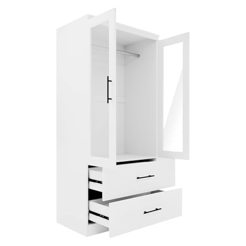 White 3 Door Armoire Wardrobe Closet with Mirror and 2 Drawers D291332