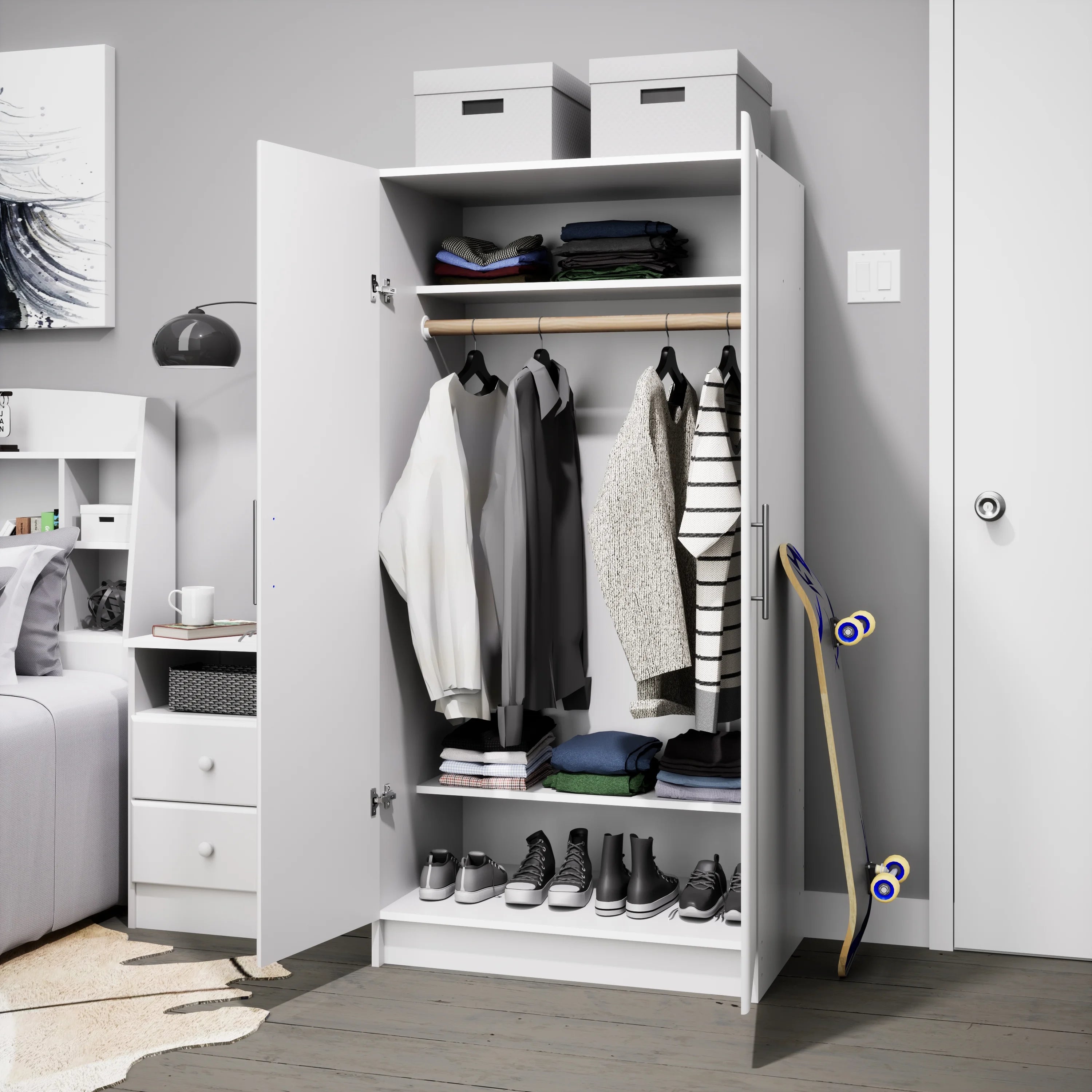 White Wardrobe Closet with Hanging Rail Z2575