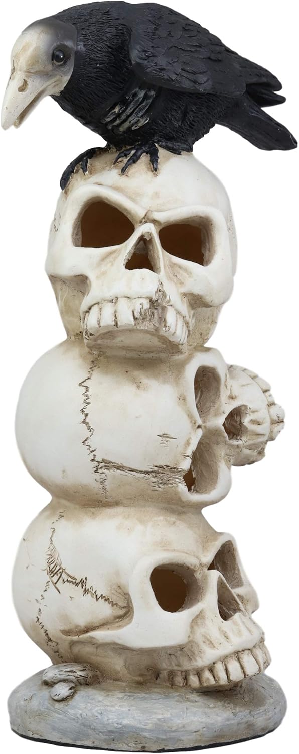 Gothic Raven Crow Bird Perching On Pole Totem Stacked Skulls with Color Changing LED Night Light Statue 11.75" Tall Skull Macabre Ossuary Figurine W60155