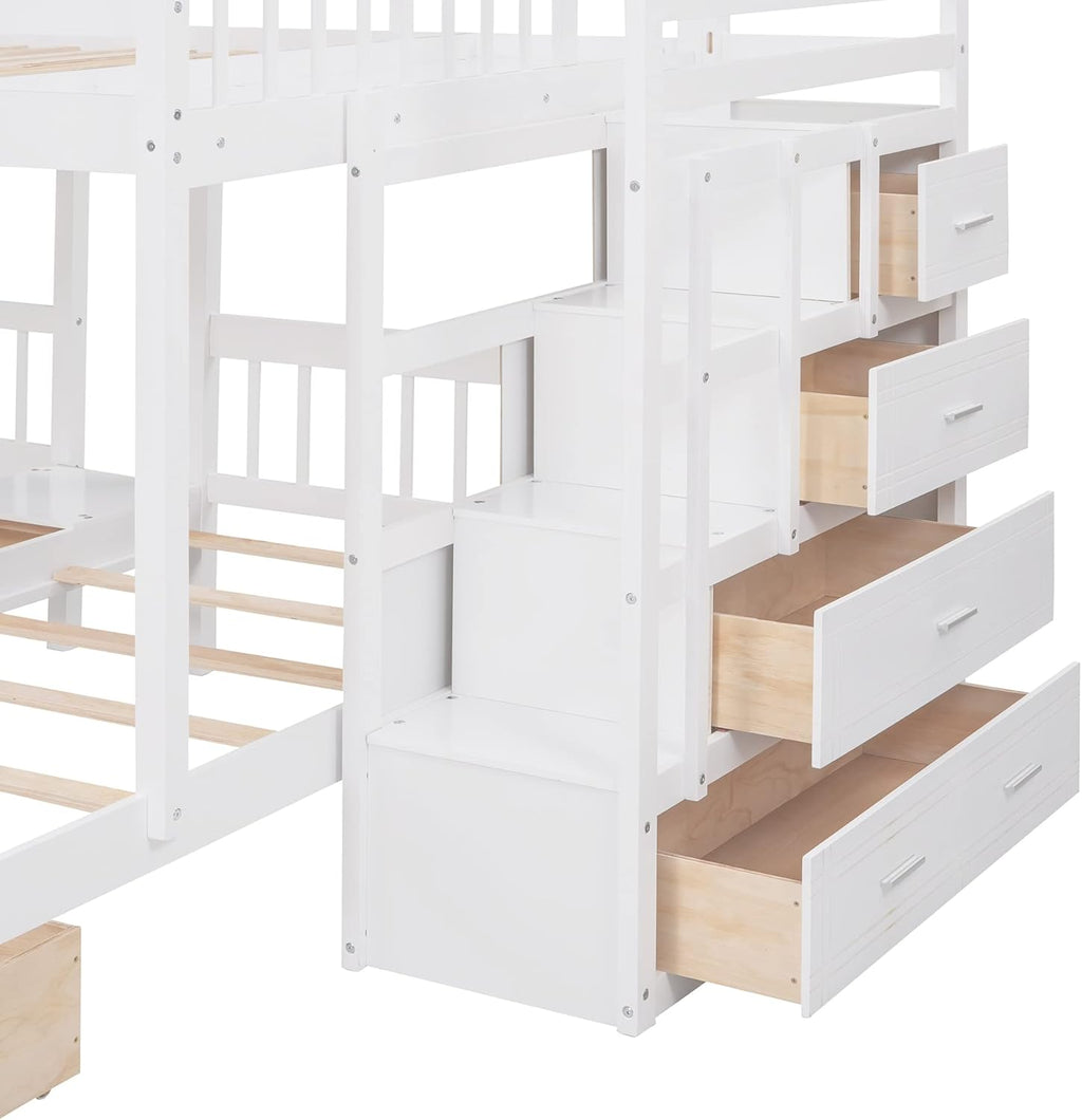 L-Shaped Triple Bunk Beds with Staircase and 2 Storage Drawers V1430