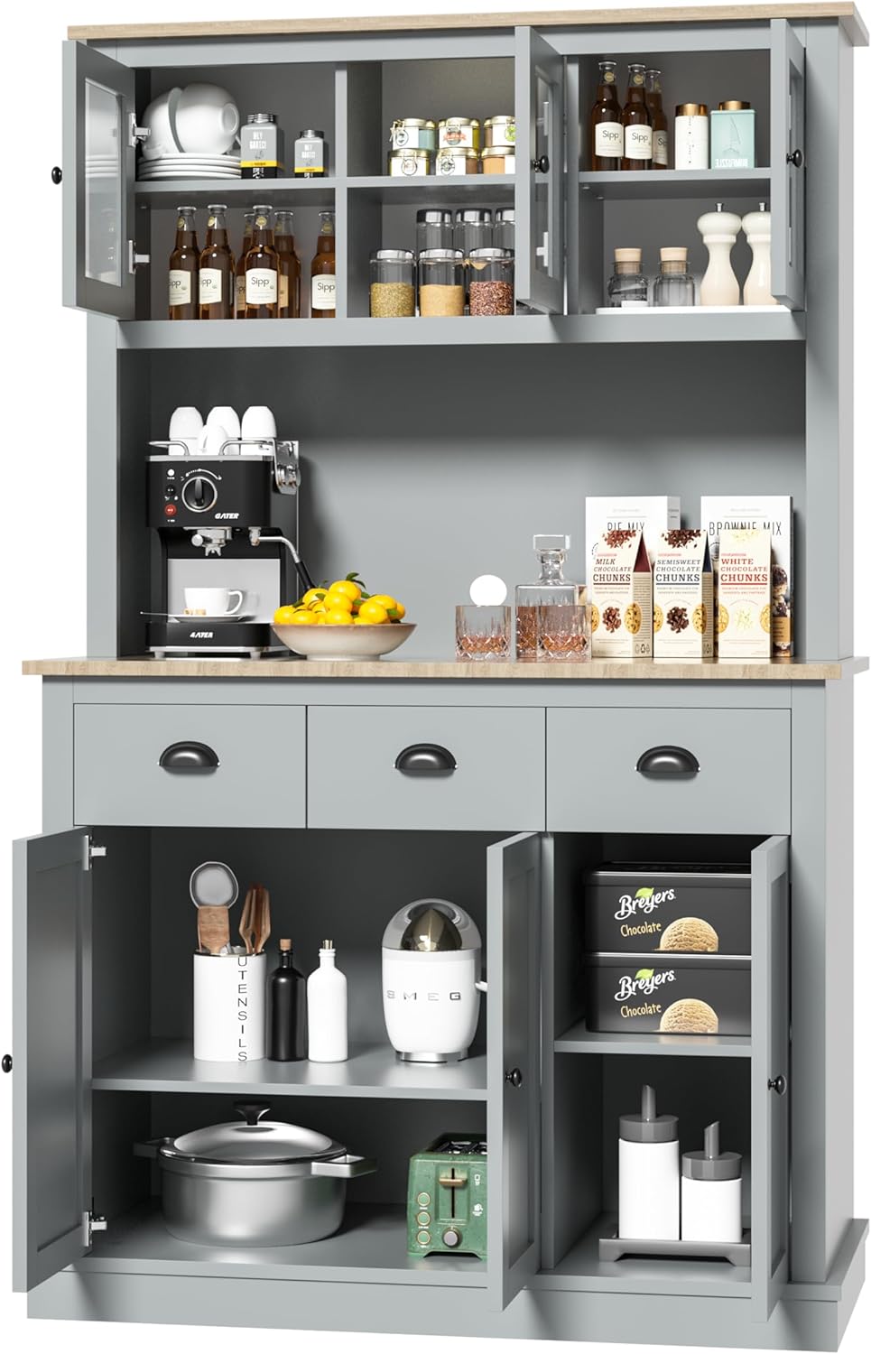Grey Kitchen Hutch Storage Cabinet with Countertop and Drawers Q61269