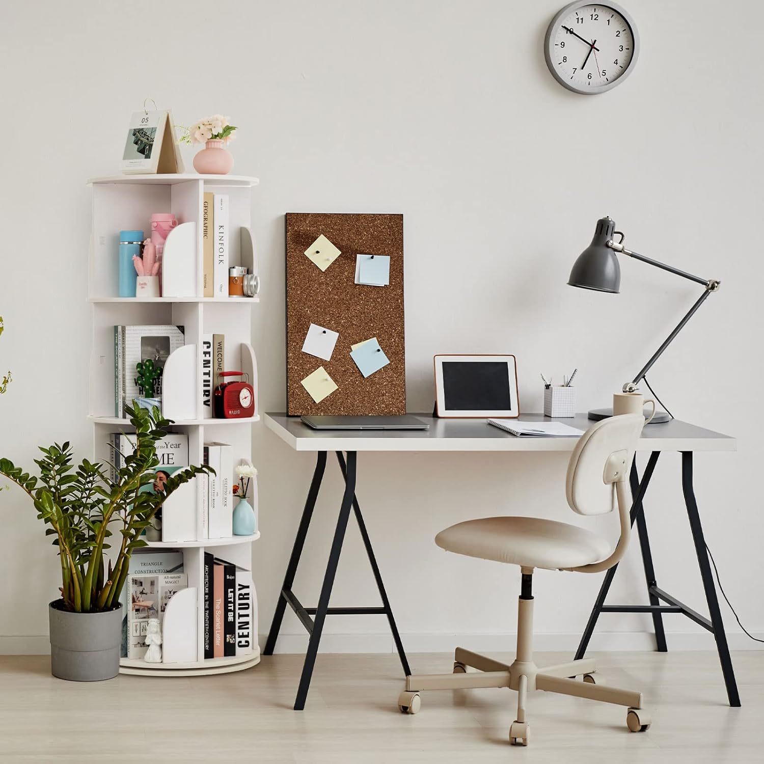 White 4 Tier 360 Rotating Wood Bookshelf B34514