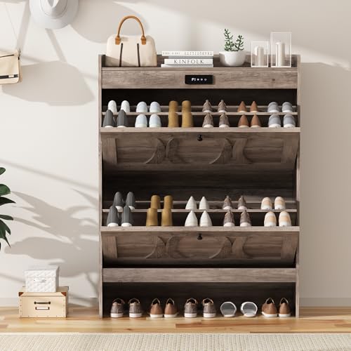 Rustic White Shoe Storage Cabinet with 2 Flip Drawers O92155