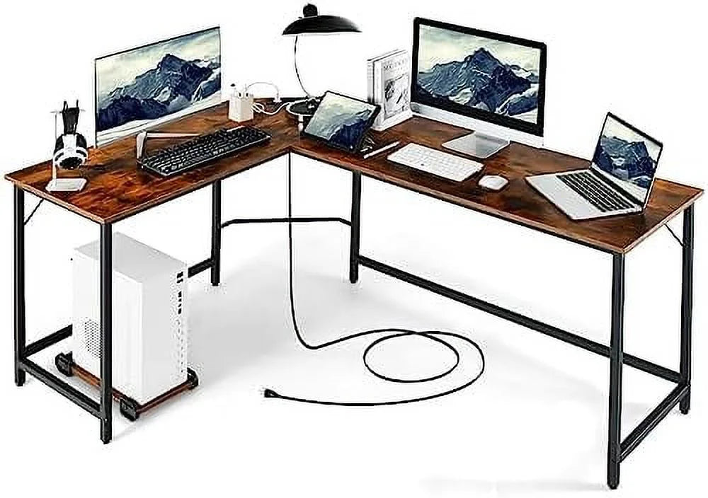 L-Shaped Desk with CPU Stand 66 Inch Wooden Metal Frame Black F7595