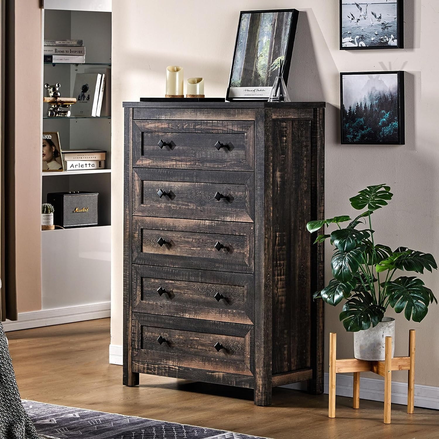 Dark Oak 5 Drawer Wood Dresser Y353