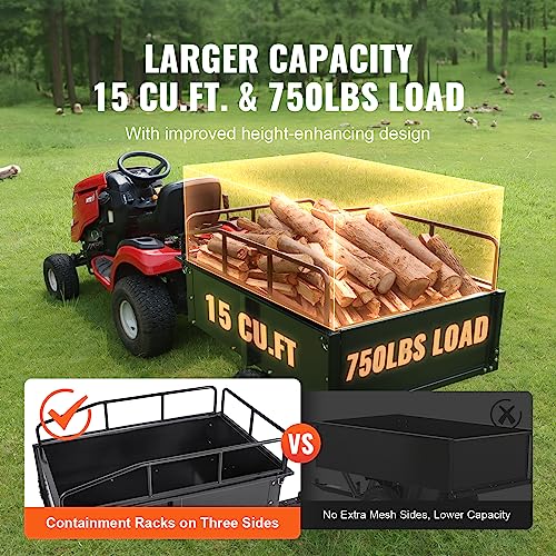 Heavy Duty Steel ATV Dump Cart, 750 lbs, 15 Cubic Feet Garden Utility with Removable Sides U9496